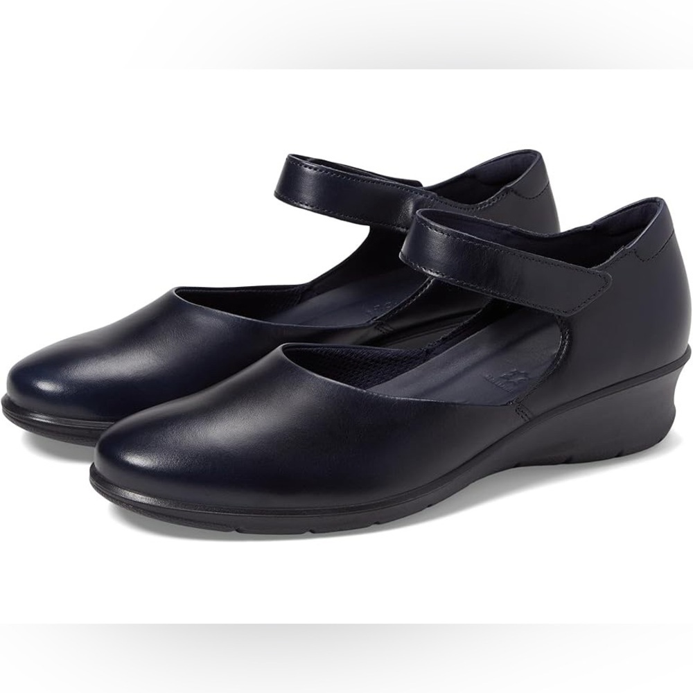 ECCO WOMENS FELICIA MARY JANE NAVY BLUE LEATHER WEDGE COMFORT HEEL SHOES 10